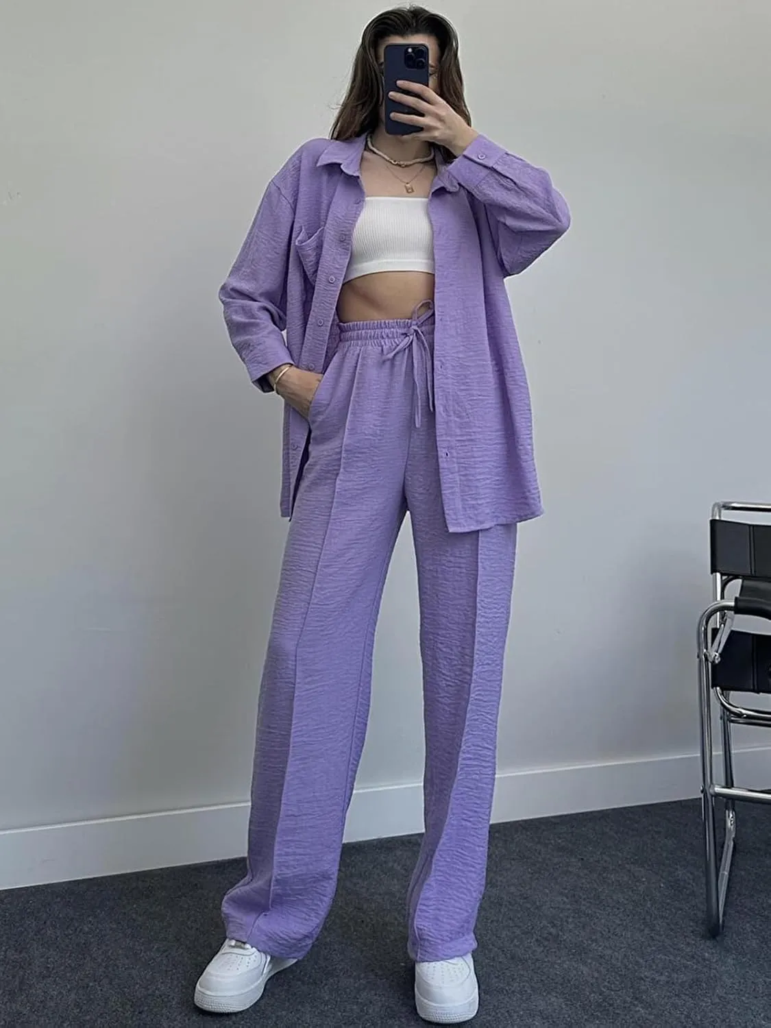 Women's 2 Piece Outfits Button Down Long Sleeve Shirt and Wide Leg Pants Set Trendy Loungewear Vacation Sets