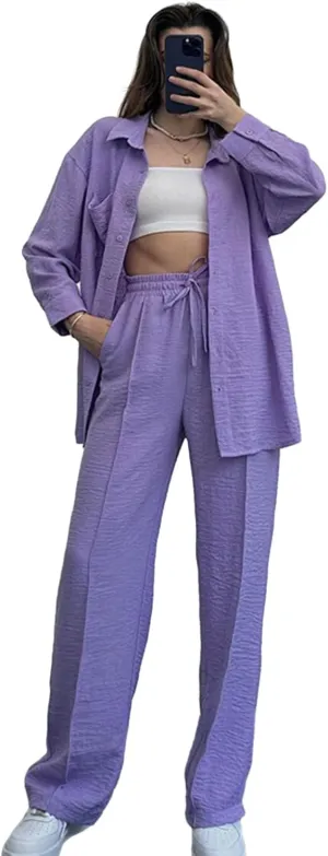 Women's 2 Piece Outfits Button Down Long Sleeve Shirt and Wide Leg Pants Set Trendy Loungewear Vacation Sets