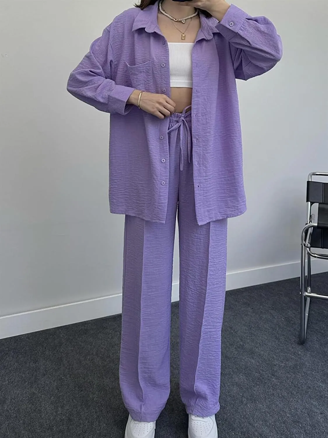 Women's 2 Piece Outfits Button Down Long Sleeve Shirt and Wide Leg Pants Set Trendy Loungewear Vacation Sets