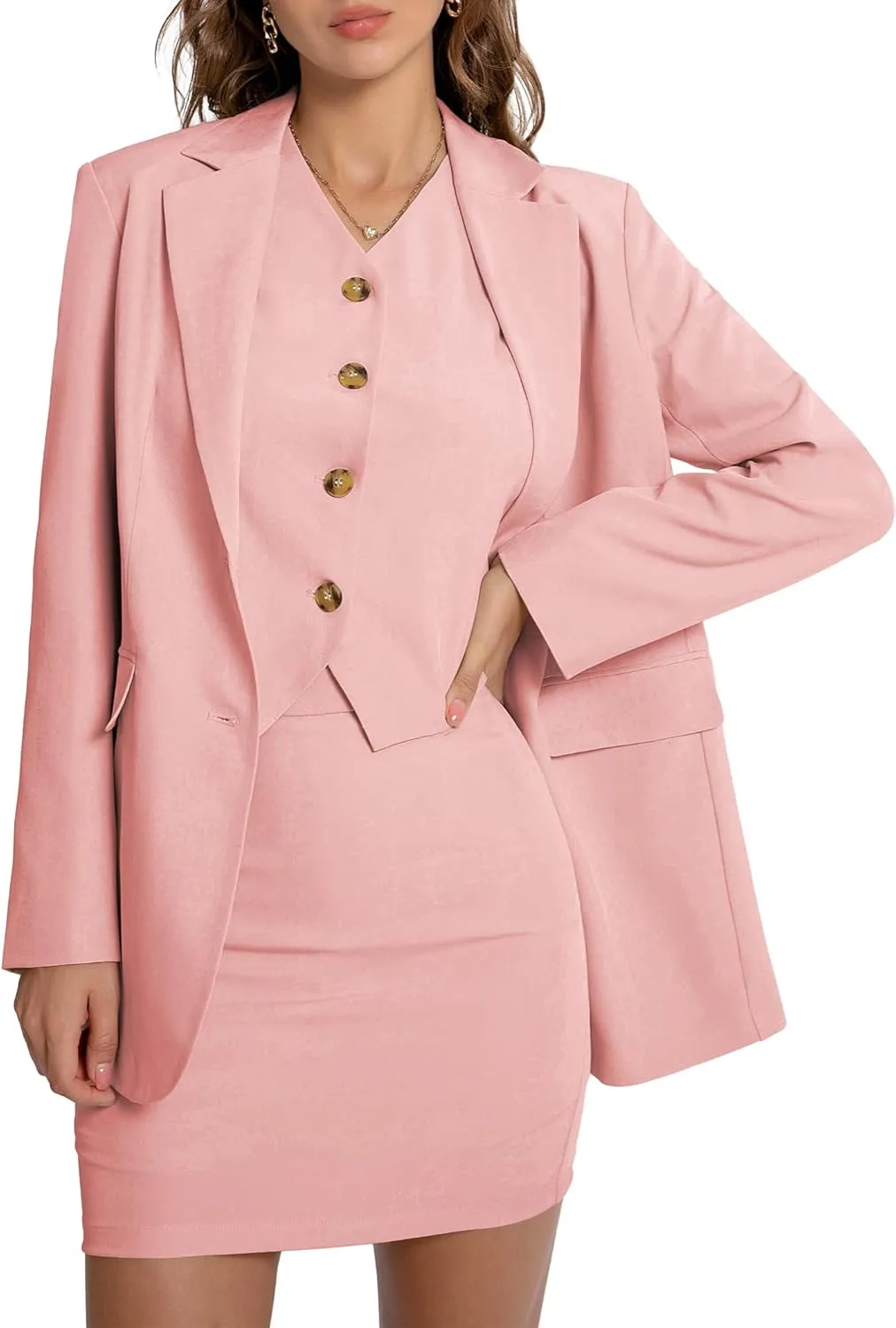 Women's 3 Piece Skirt Sets Business Casual Short Skort Blazer Suit Long Sleeve Jacket Vest Matching Outfits
