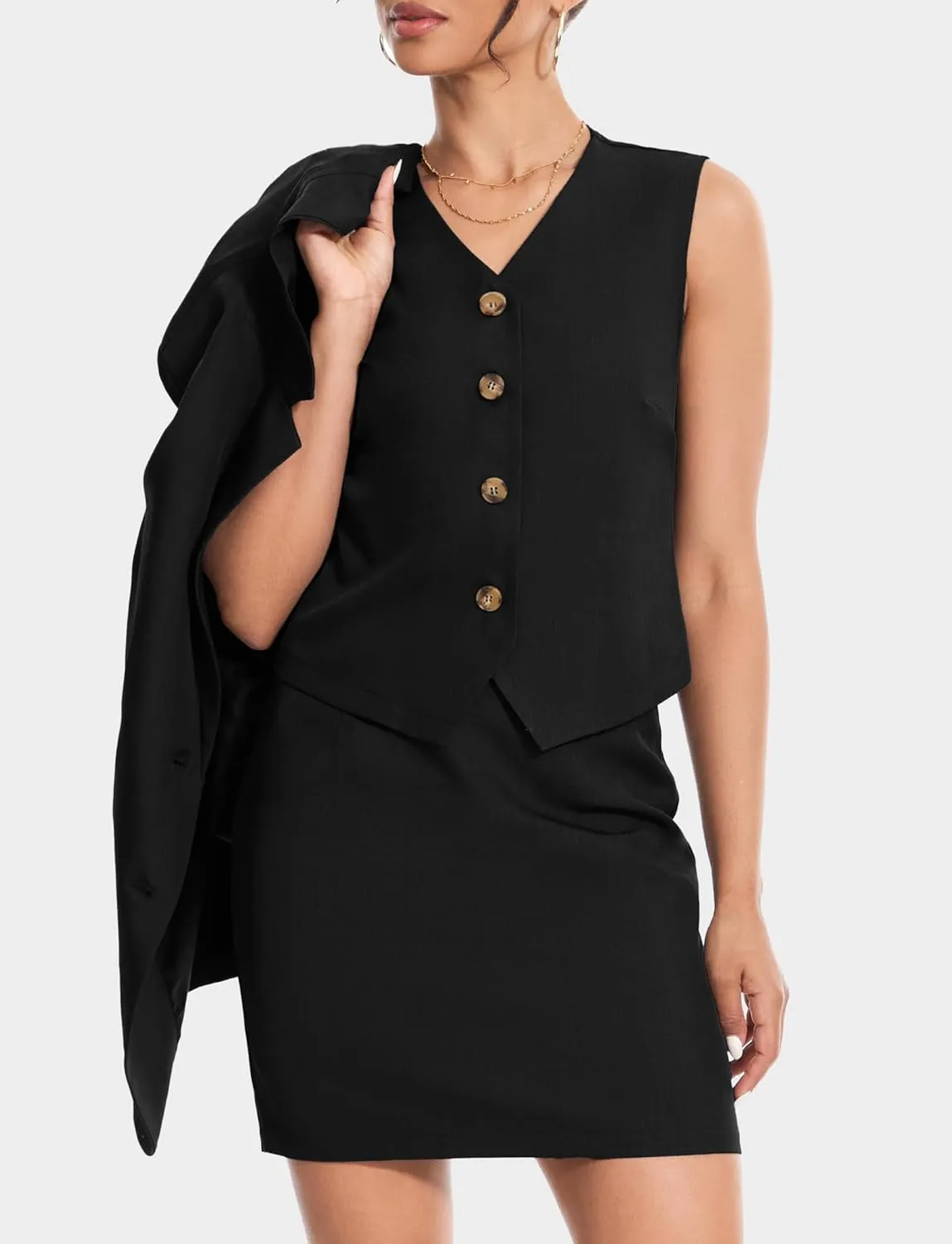 Women's 3 Piece Skirt Sets Business Casual Short Skort Blazer Suit Long Sleeve Jacket Vest Matching Outfits