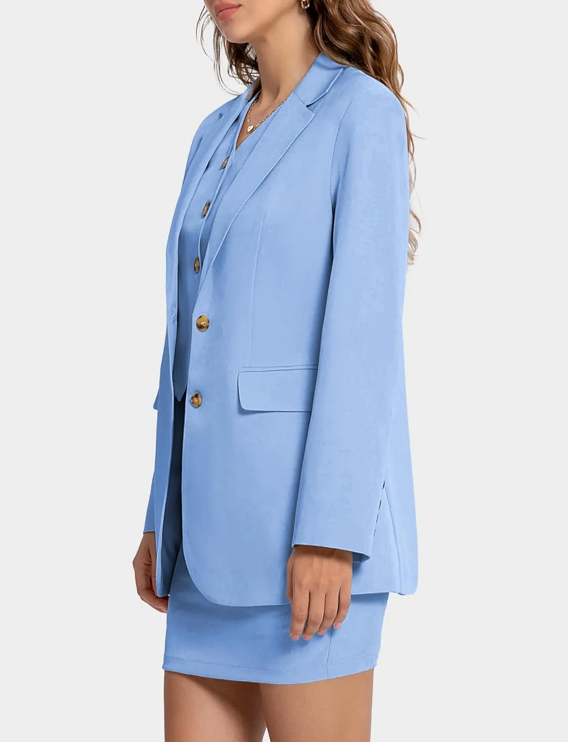 Women's 3 Piece Skirt Sets Business Casual Short Skort Blazer Suit Long Sleeve Jacket Vest Matching Outfits