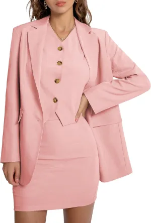 Women's 3 Piece Skirt Sets Business Casual Short Skort Blazer Suit Long Sleeve Jacket Vest Matching Outfits