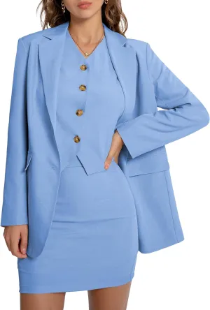 Women's 3 Piece Skirt Sets Business Casual Short Skort Blazer Suit Long Sleeve Jacket Vest Matching Outfits