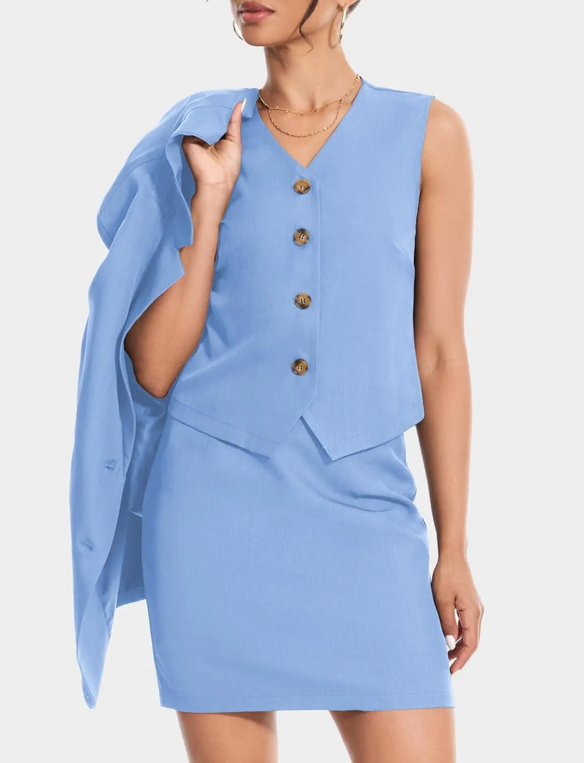 Women's 3 Piece Skirt Sets Business Casual Short Skort Blazer Suit Long Sleeve Jacket Vest Matching Outfits