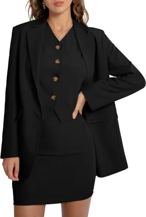 Women's 3 Piece Skirt Sets Business Casual Short Skort Blazer Suit Long Sleeve Jacket Vest Matching Outfits