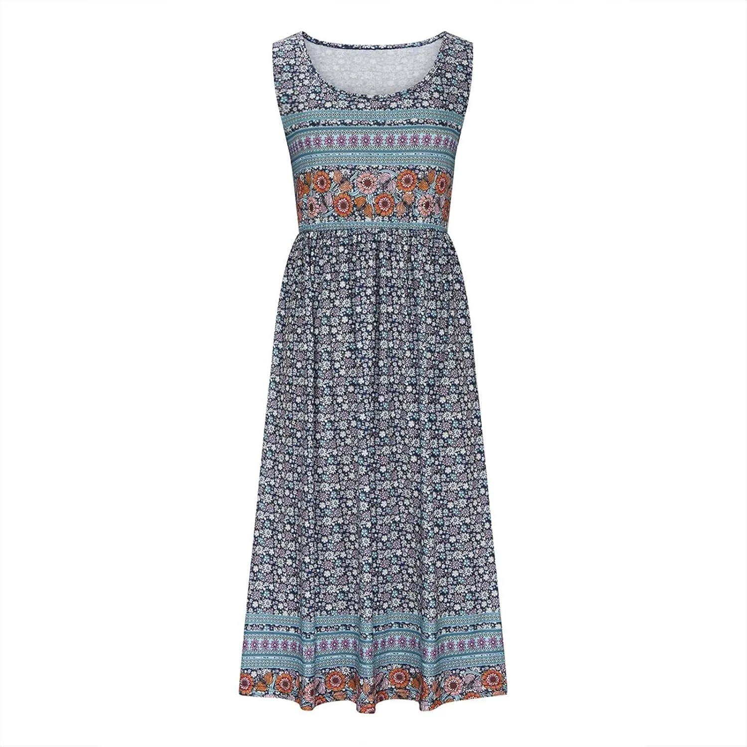 Women's Boho Floral Maxi Dress Summer Casual Crew Neck Sleeveless Dresses Flowy Bohemian Beach Sundress with Pockets