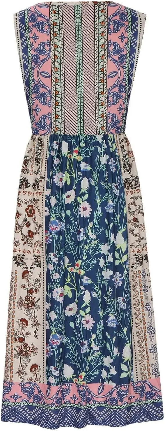 Women's Boho Floral Maxi Dress Summer Casual Crew Neck Sleeveless Dresses Flowy Bohemian Beach Sundress with Pockets