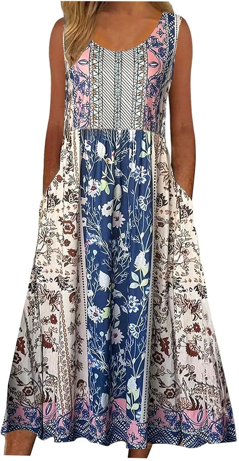 Women's Boho Floral Maxi Dress Summer Casual Crew Neck Sleeveless Dresses Flowy Bohemian Beach Sundress with Pockets