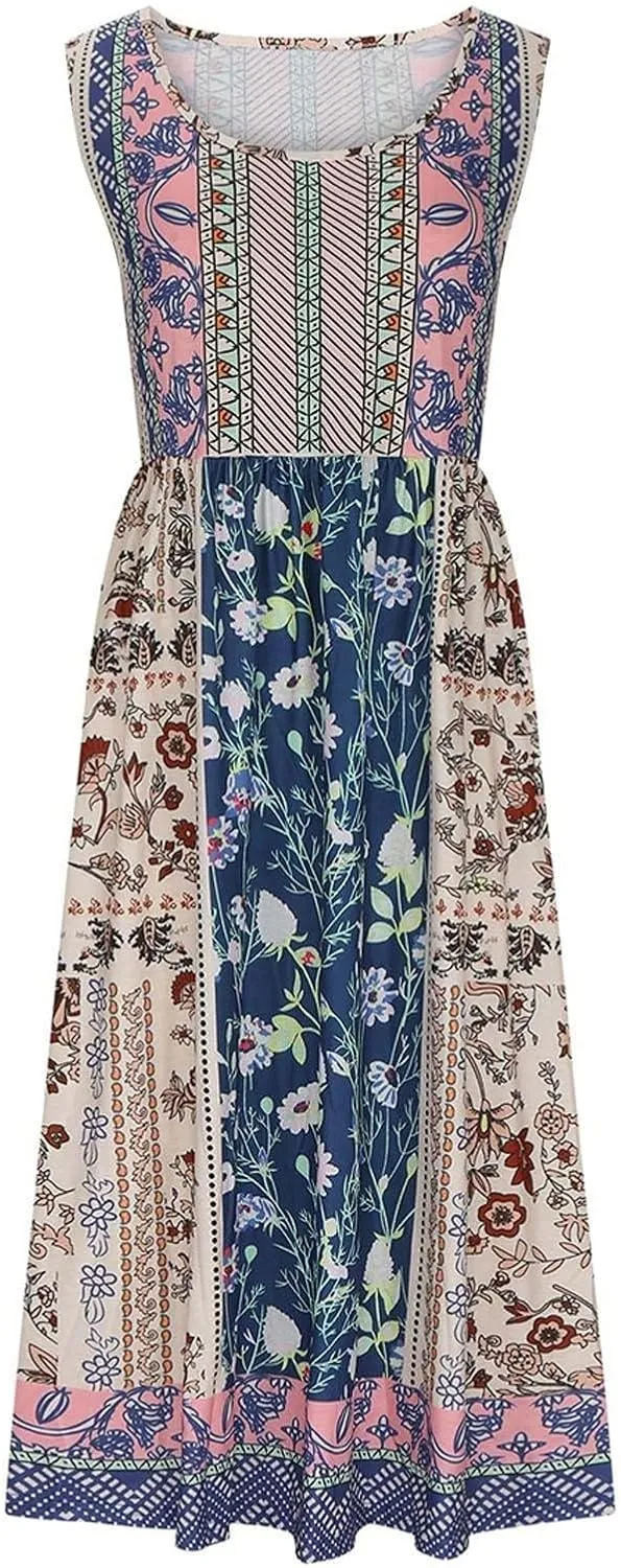 Women's Boho Floral Maxi Dress Summer Casual Crew Neck Sleeveless Dresses Flowy Bohemian Beach Sundress with Pockets