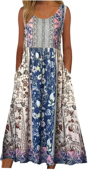 Women's Boho Floral Maxi Dress Summer Casual Crew Neck Sleeveless Dresses Flowy Bohemian Beach Sundress with Pockets