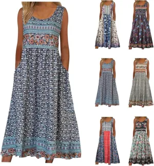Women's Boho Floral Maxi Dress Summer Casual Crew Neck Sleeveless Dresses Flowy Bohemian Beach Sundress with Pockets