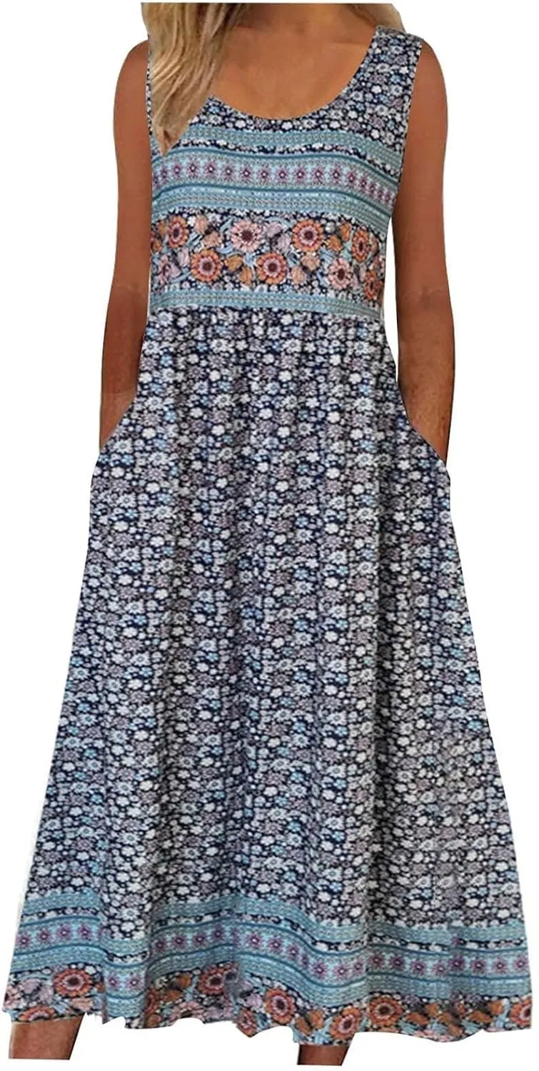 Women's Boho Floral Maxi Dress Summer Casual Crew Neck Sleeveless Dresses Flowy Bohemian Beach Sundress with Pockets