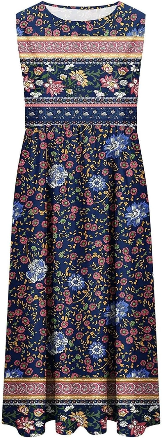 Women's Boho Floral Maxi Dress Summer Casual Crew Neck Sleeveless Dresses Flowy Bohemian Beach Sundress with Pockets