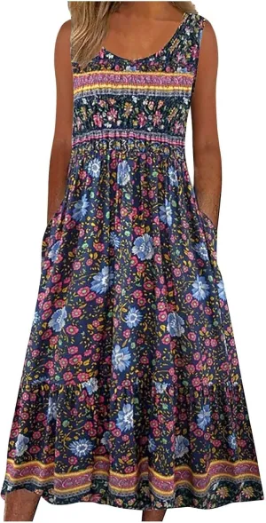 Women's Boho Floral Maxi Dress Summer Casual Crew Neck Sleeveless Dresses Flowy Bohemian Beach Sundress with Pockets