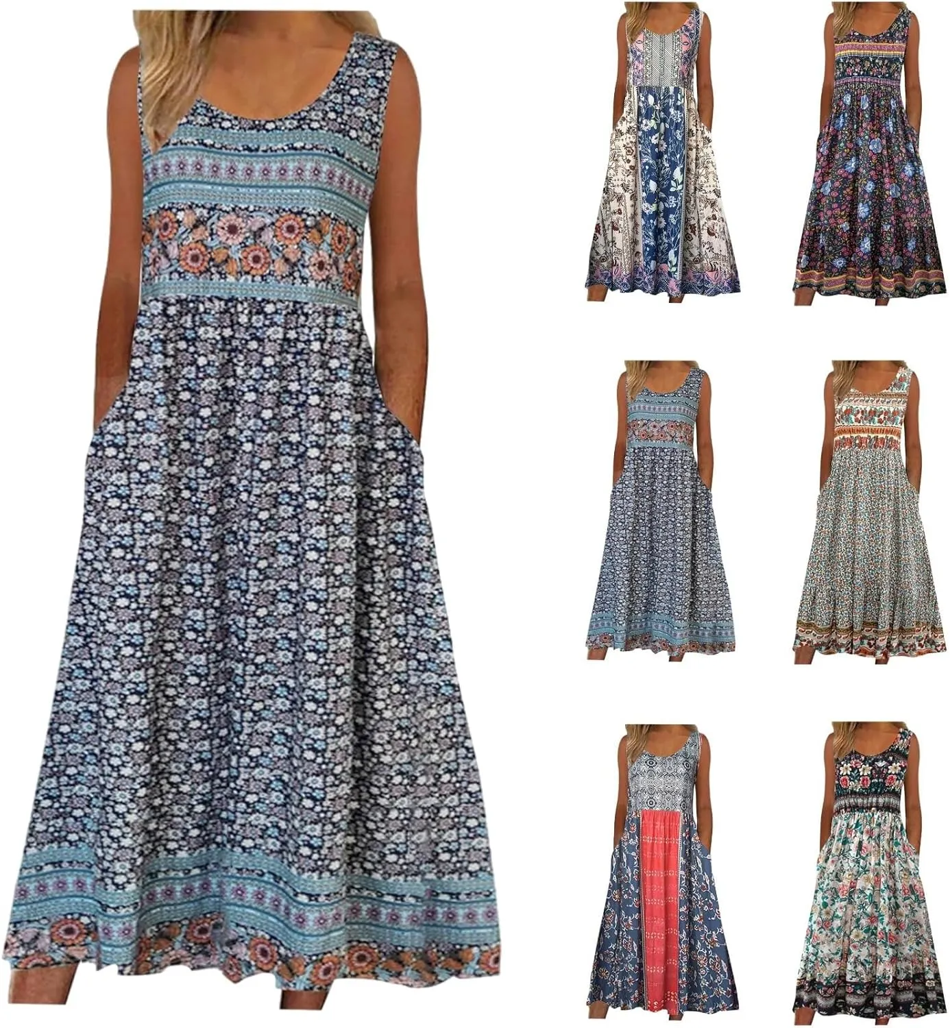 Women's Boho Floral Maxi Dress Summer Casual Crew Neck Sleeveless Dresses Flowy Bohemian Beach Sundress with Pockets