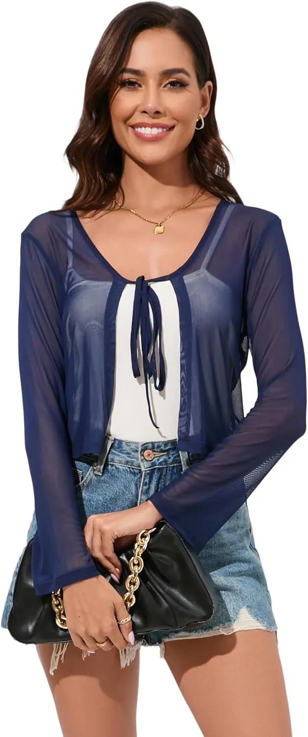 Women's Bolero Sheer Shrug Tie Front Crop Cardigan Lightweight Stretch Long Sleeve Summer Cover Up S-2XL