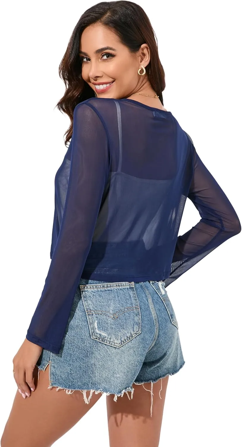 Women's Bolero Sheer Shrug Tie Front Crop Cardigan Lightweight Stretch Long Sleeve Summer Cover Up S-2XL