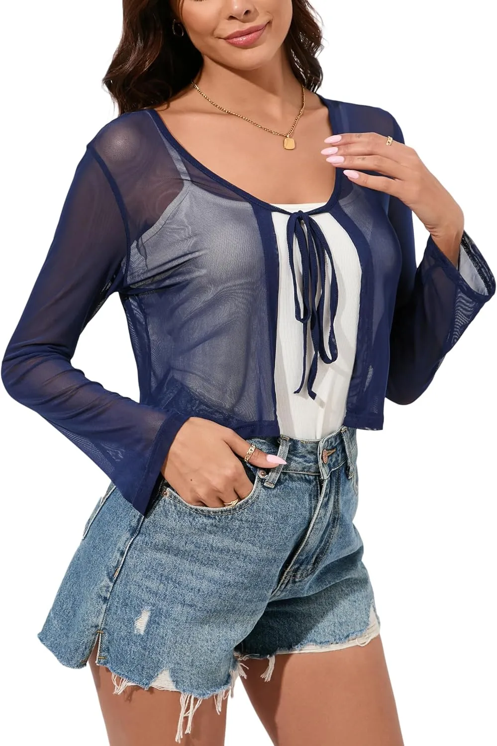 Women's Bolero Sheer Shrug Tie Front Crop Cardigan Lightweight Stretch Long Sleeve Summer Cover Up S-2XL