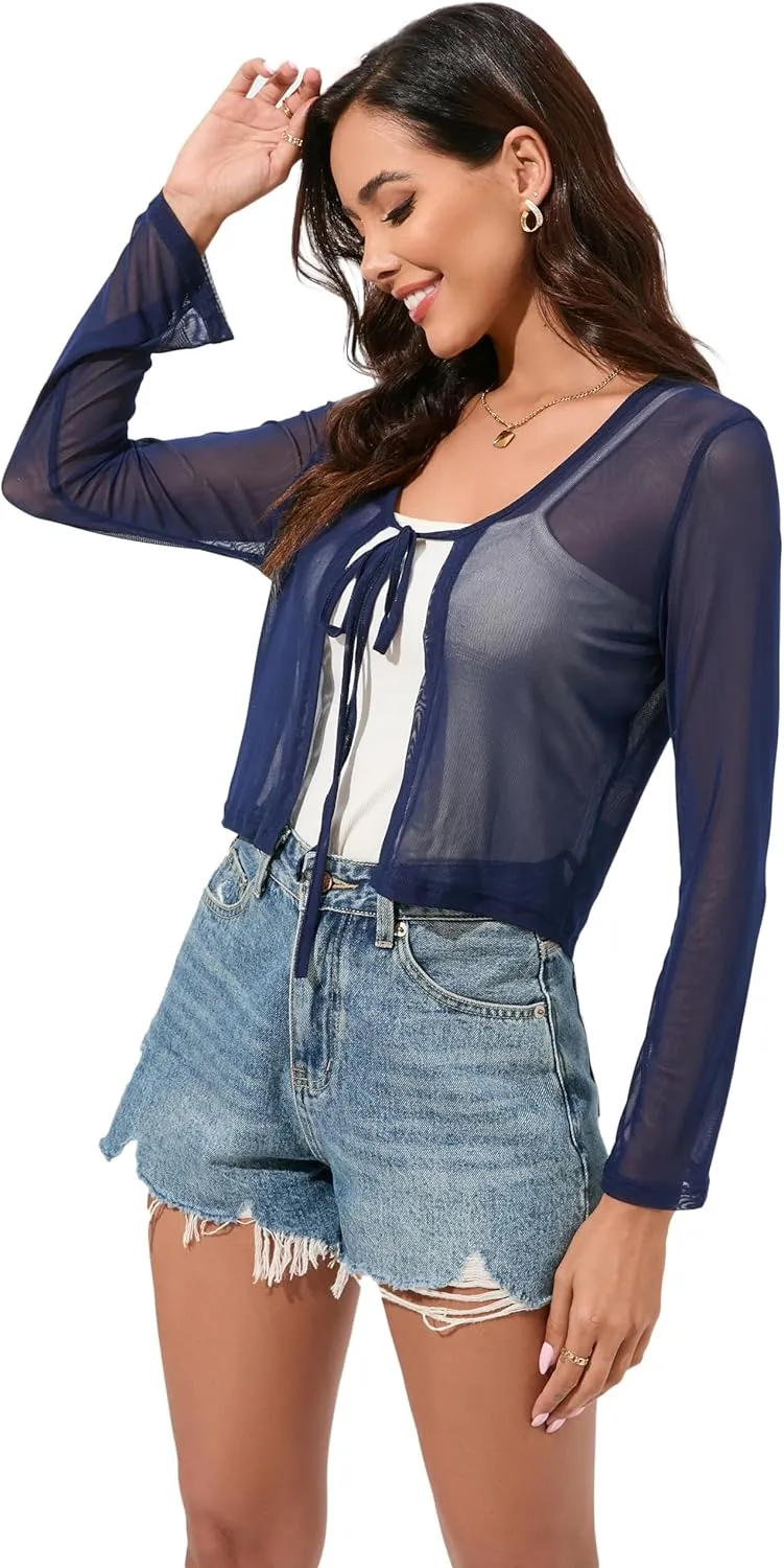 Women's Bolero Sheer Shrug Tie Front Crop Cardigan Lightweight Stretch Long Sleeve Summer Cover Up S-2XL