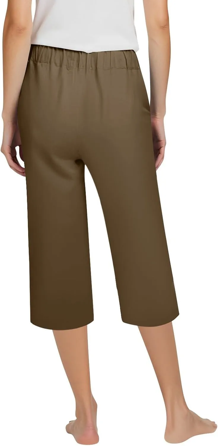 Womens Capri Pants 2025 Summer Wide Leg Casual Solid Color High Waist Loose Cropped Trousers with Pockets