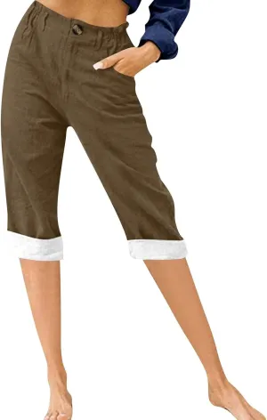 Womens Capri Pants 2025 Summer Wide Leg Casual Solid Color High Waist Loose Cropped Trousers with Pockets