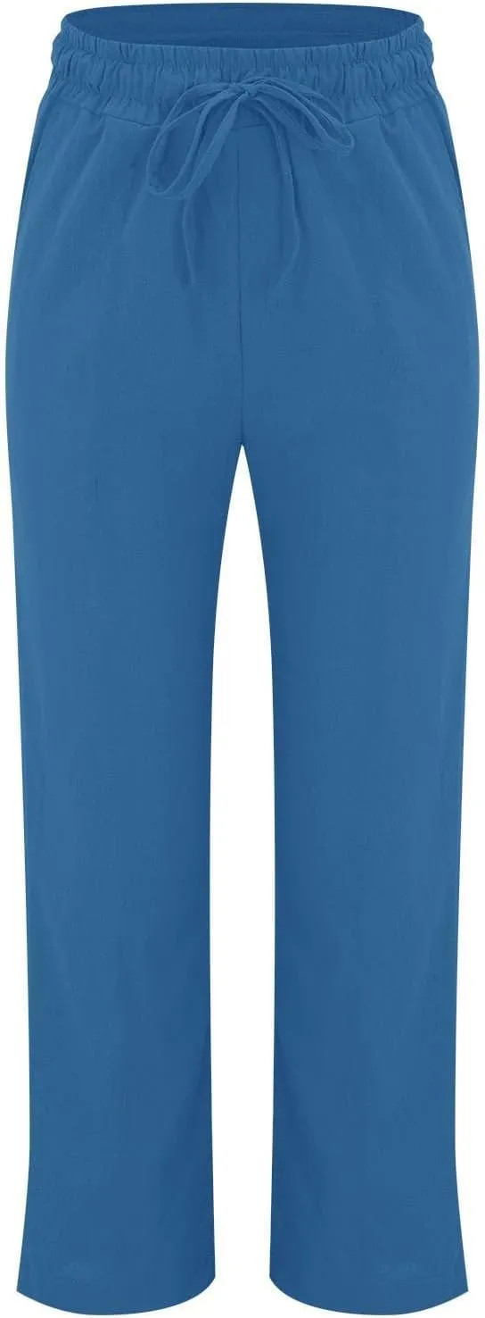 Womens Casual Cotton Linen Pants Lightweight Summer Relax Fit Elastic Waist Plus Size Solid Lounge Long Trousers
