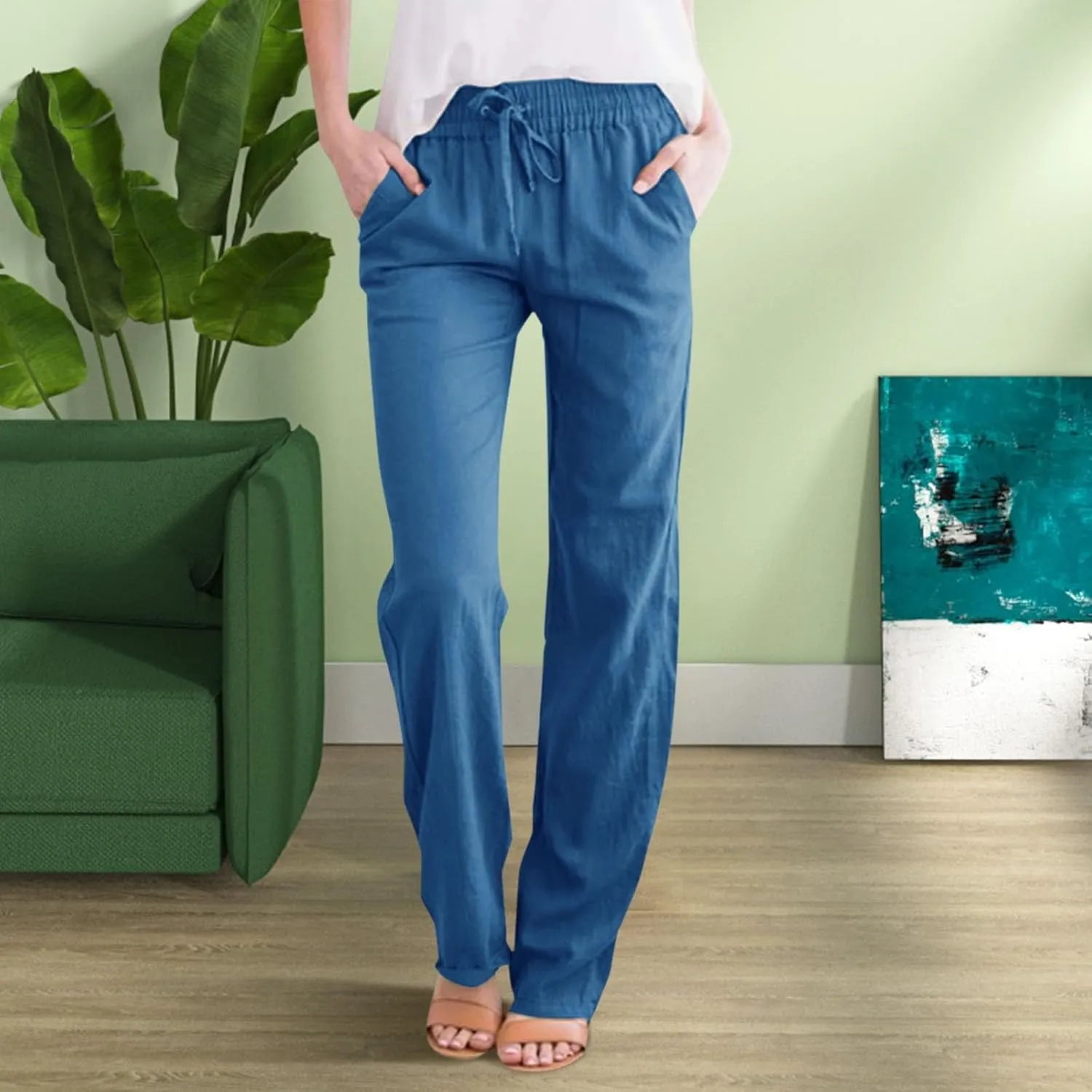 Womens Casual Cotton Linen Pants Lightweight Summer Relax Fit Elastic Waist Plus Size Solid Lounge Long Trousers