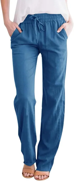 Womens Casual Cotton Linen Pants Lightweight Summer Relax Fit Elastic Waist Plus Size Solid Lounge Long Trousers