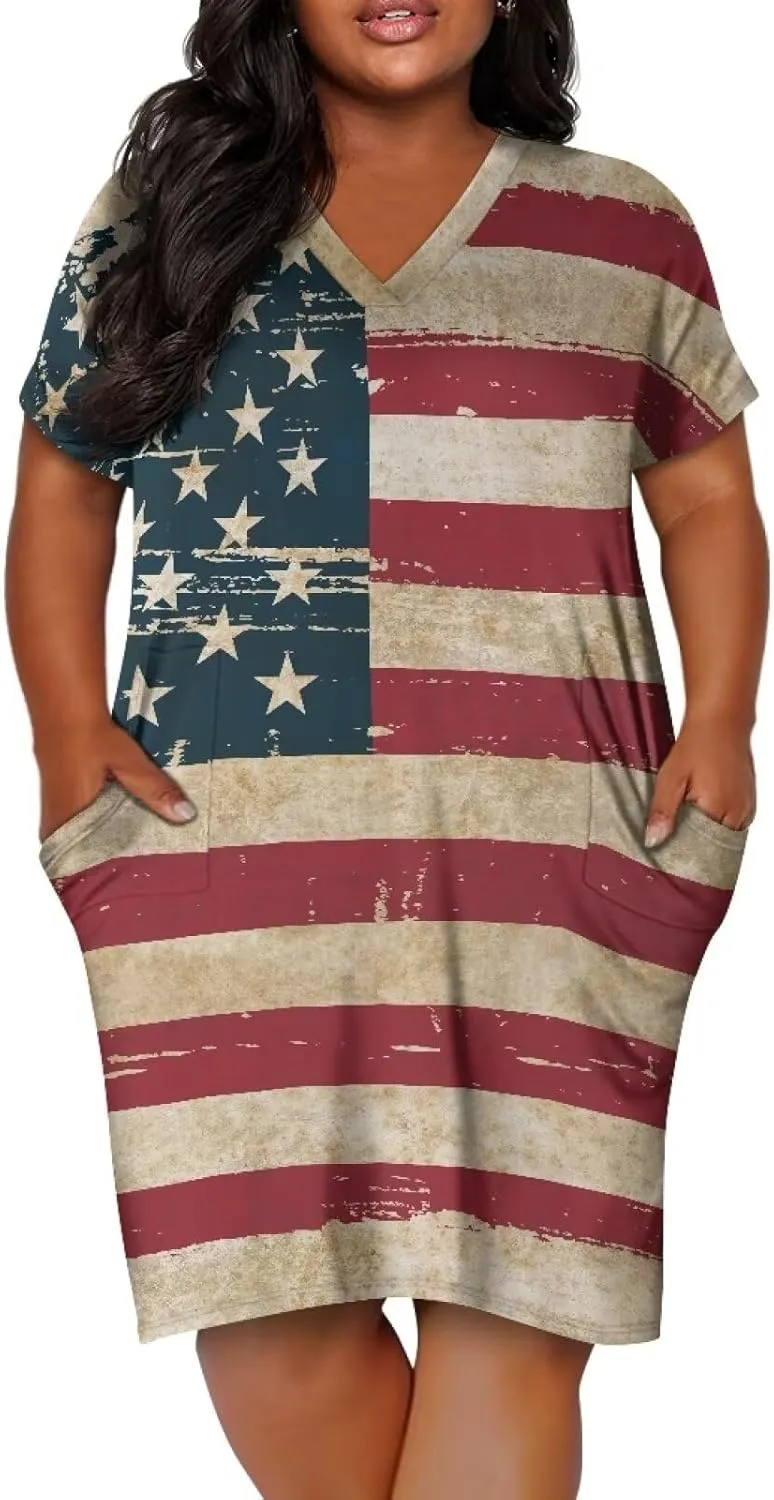 Women's Casual Dresses Plus Size Short Sleeve Summer Sundress with Pocket V Neck Midi Dress