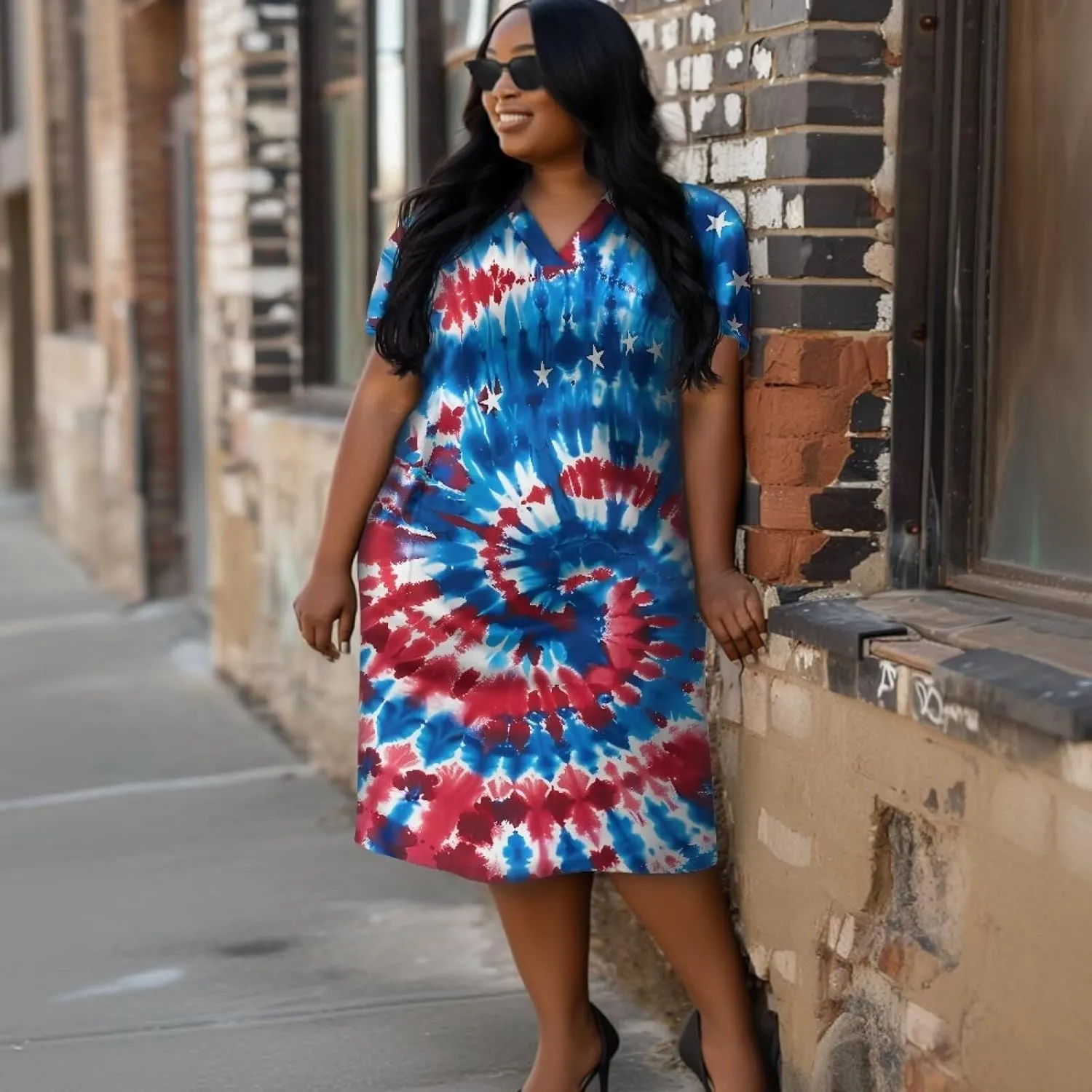 Women's Casual Dresses Plus Size Short Sleeve Summer Sundress with Pocket V Neck Midi Dress