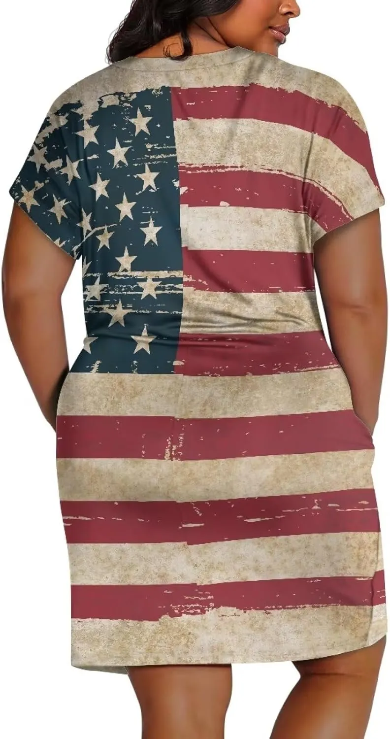 Women's Casual Dresses Plus Size Short Sleeve Summer Sundress with Pocket V Neck Midi Dress