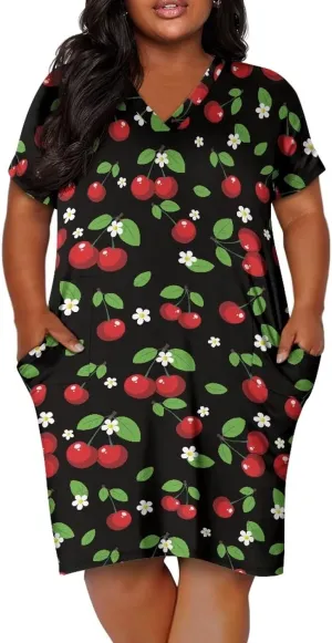 Women's Casual Dresses Plus Size Short Sleeve Summer Sundress with Pocket V Neck Midi Dress