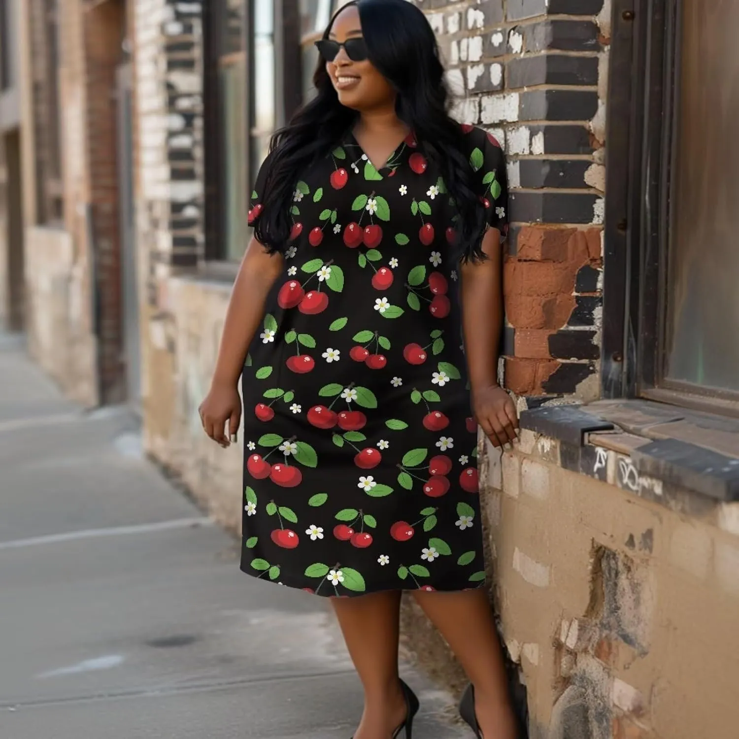 Women's Casual Dresses Plus Size Short Sleeve Summer Sundress with Pocket V Neck Midi Dress