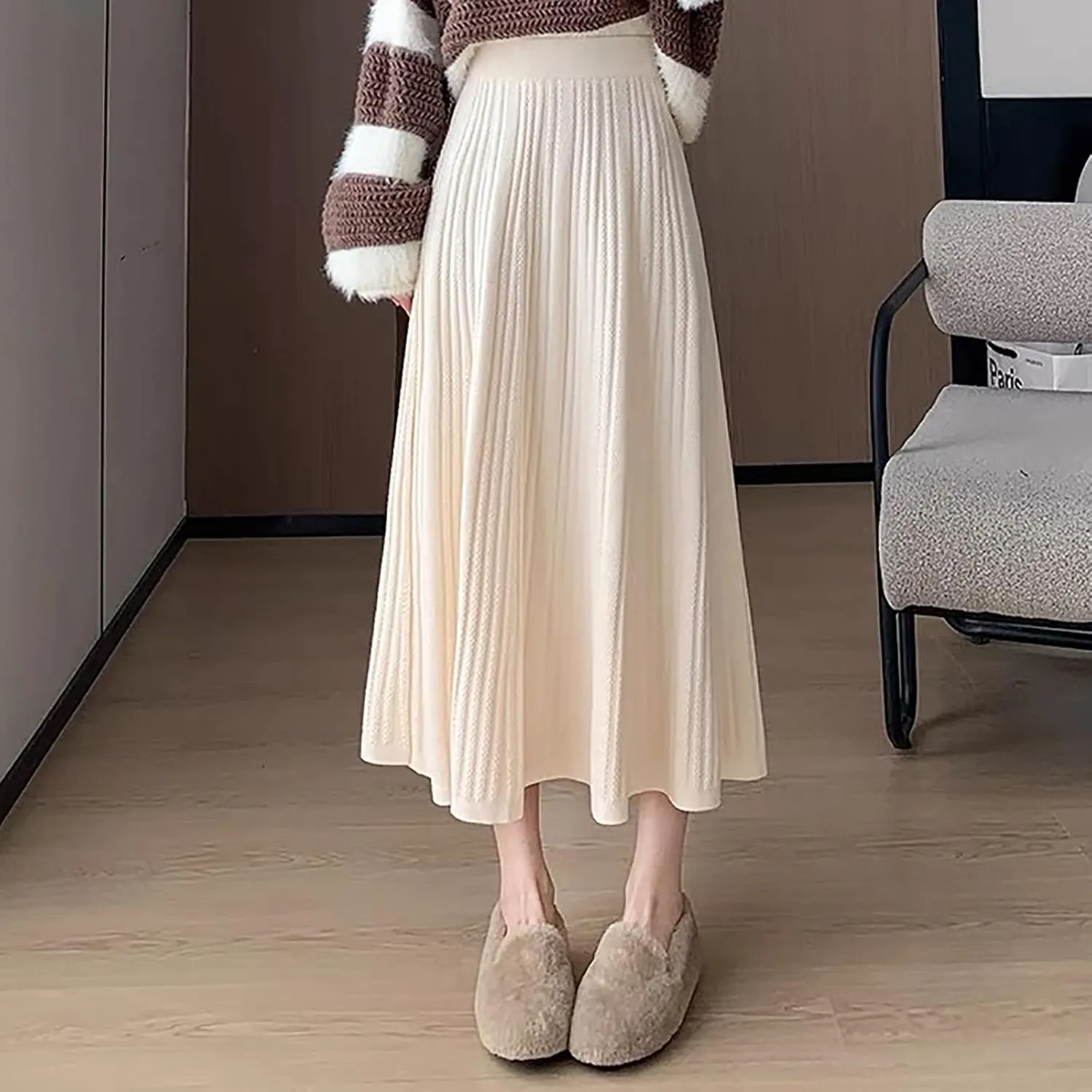 Women's Casual Knitted Skirts Simple Plain Ribbed Midi Skirts Trendy Y2K Fall Winter Going Out Basic Long Skirt 2024