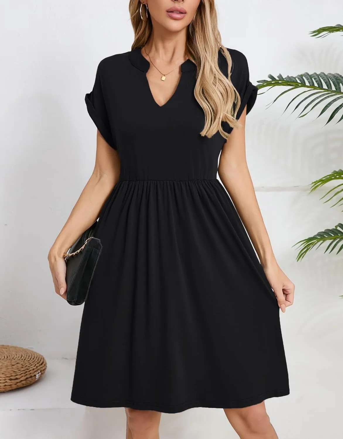 Womens Casual Midi Dress Short Sleeve Solid Color Summer Dresses with Pockets