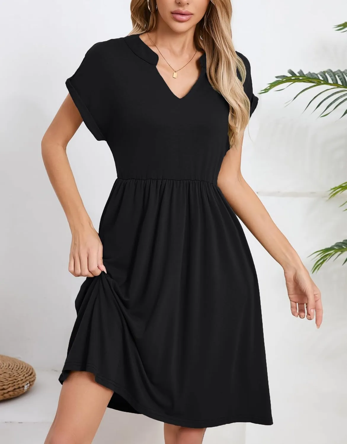 Womens Casual Midi Dress Short Sleeve Solid Color Summer Dresses with Pockets