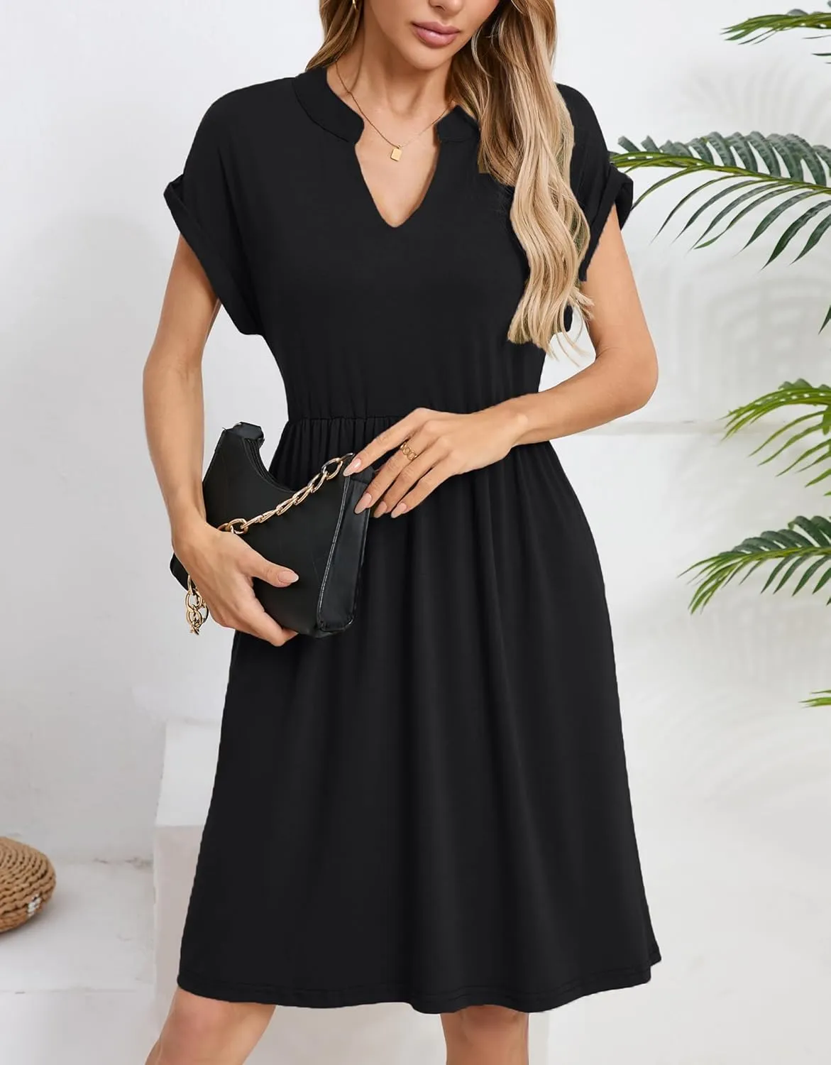 Womens Casual Midi Dress Short Sleeve Solid Color Summer Dresses with Pockets