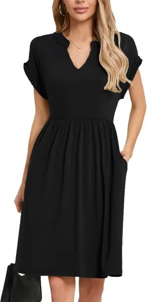 Womens Casual Midi Dress Short Sleeve Solid Color Summer Dresses with Pockets