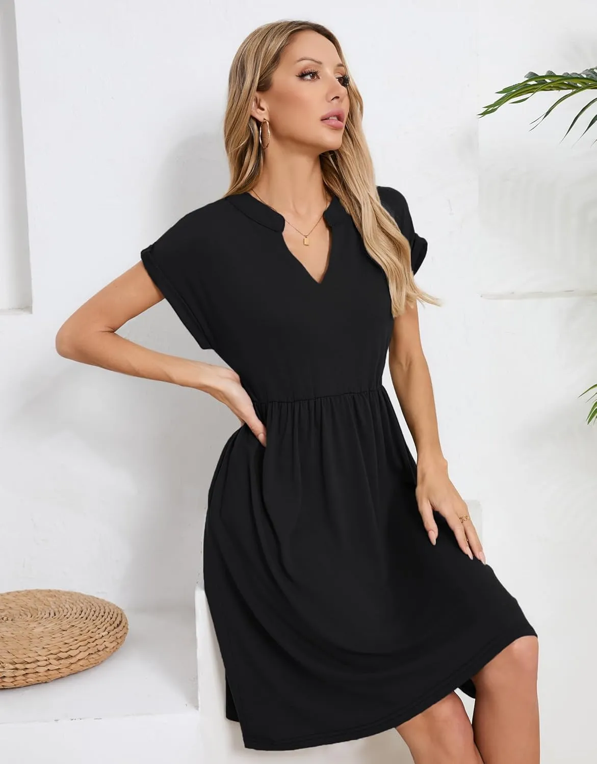 Womens Casual Midi Dress Short Sleeve Solid Color Summer Dresses with Pockets