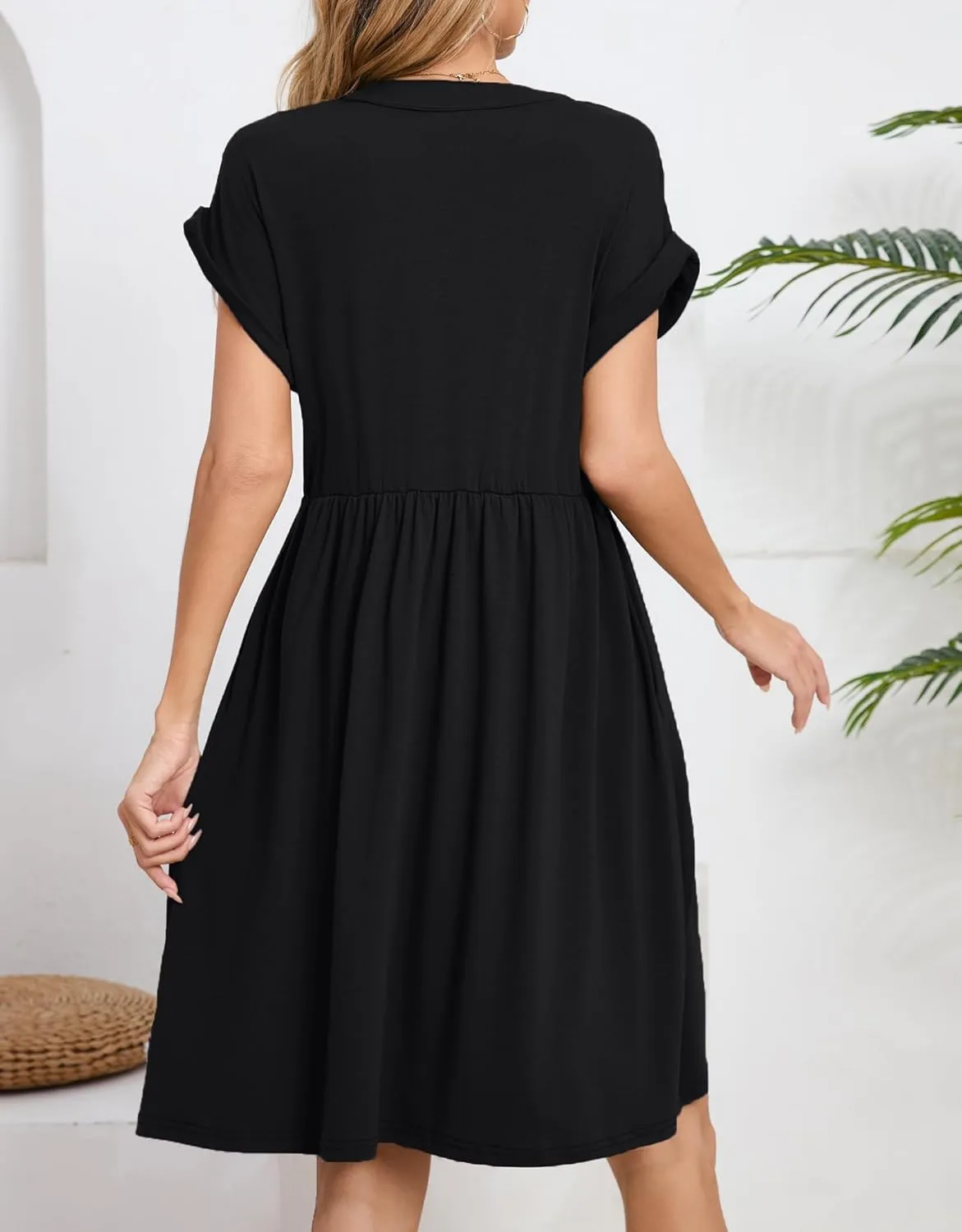 Womens Casual Midi Dress Short Sleeve Solid Color Summer Dresses with Pockets