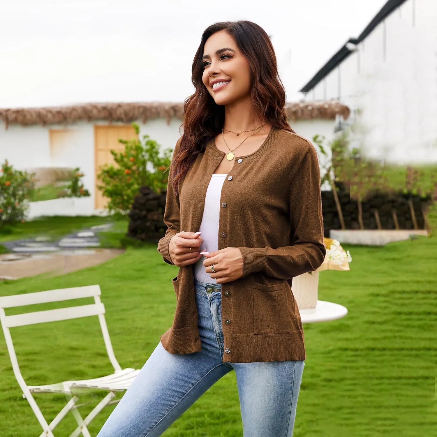 Women's Casual Open Front Button Long Sleeve Knit Pocket Lightweight Cardigan