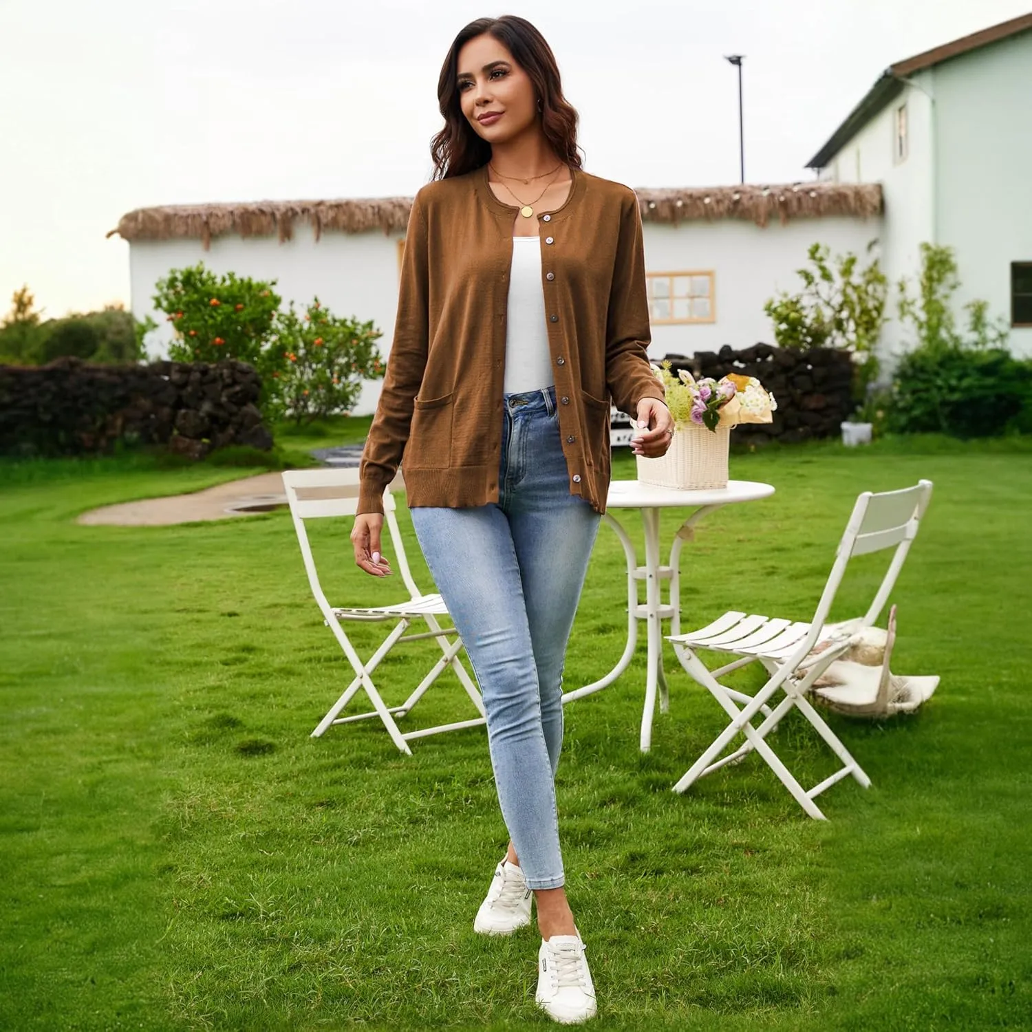 Women's Casual Open Front Button Long Sleeve Knit Pocket Lightweight Cardigan