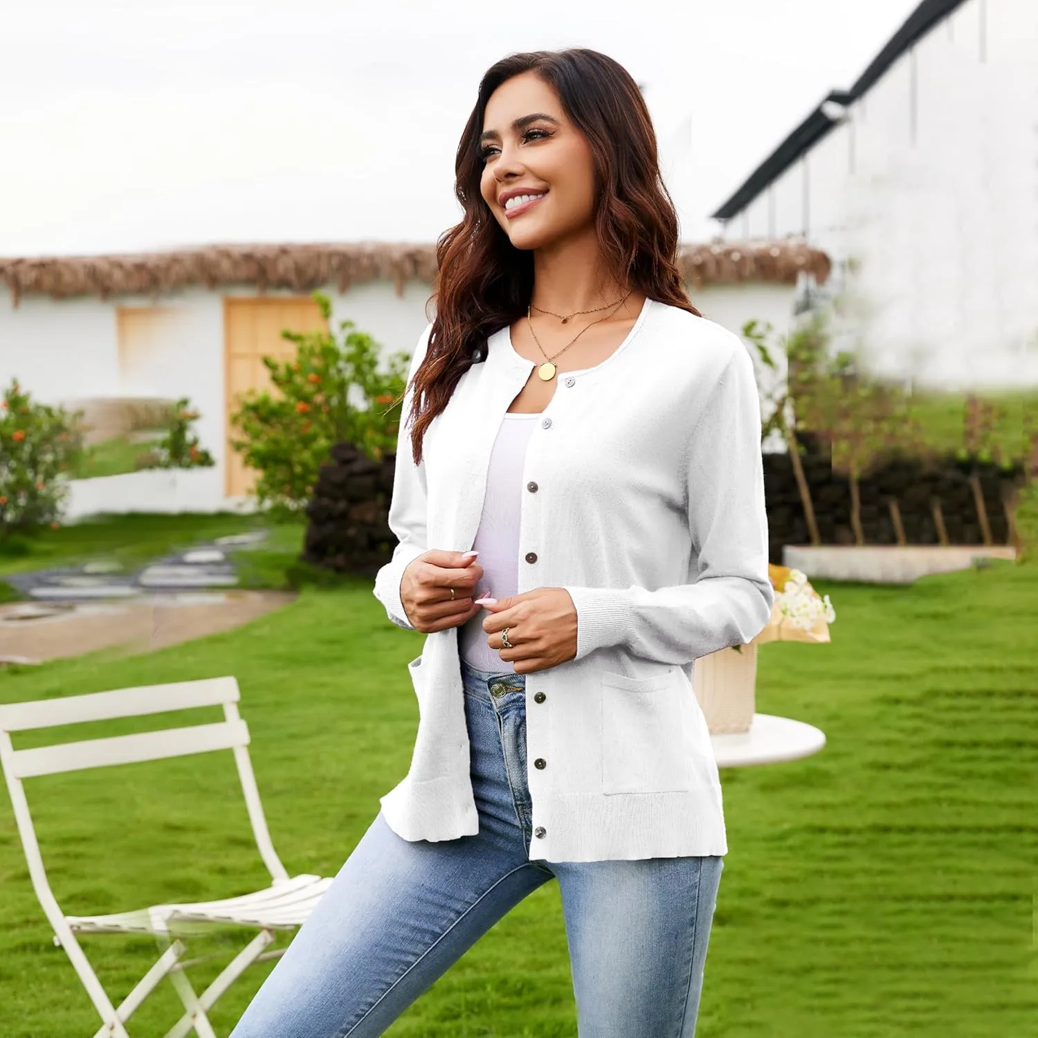 Women's Casual Open Front Button Long Sleeve Knit Pocket Lightweight Cardigan