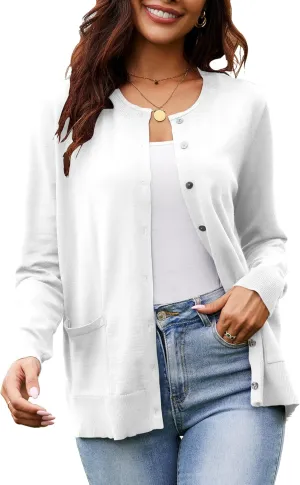 Women's Casual Open Front Button Long Sleeve Knit Pocket Lightweight Cardigan