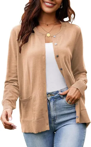 Women's Casual Open Front Button Long Sleeve Knit Pocket Lightweight Cardigan
