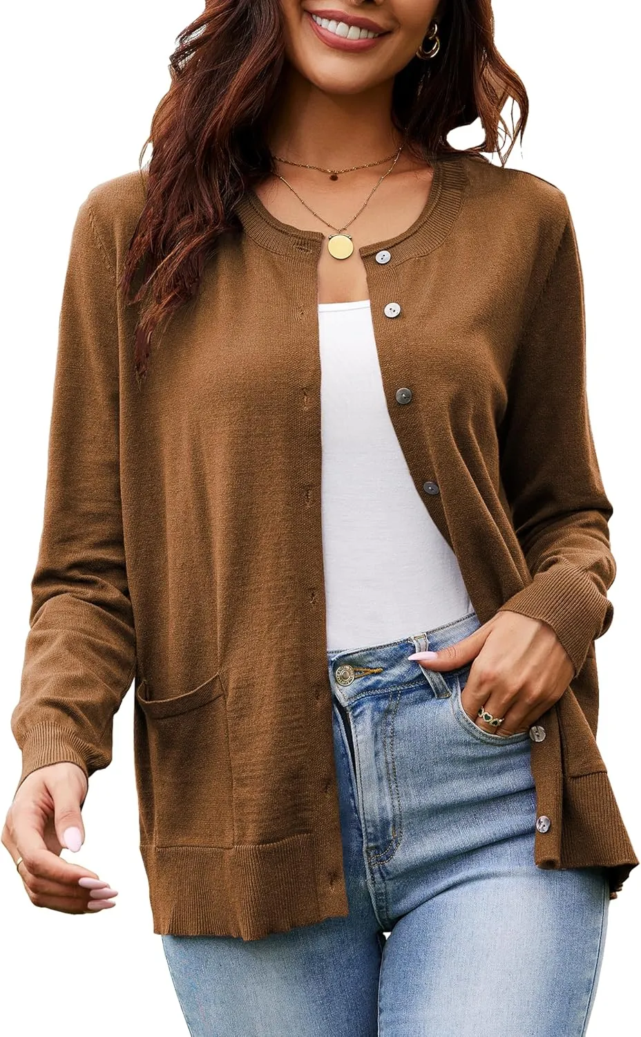 Women's Casual Open Front Button Long Sleeve Knit Pocket Lightweight Cardigan