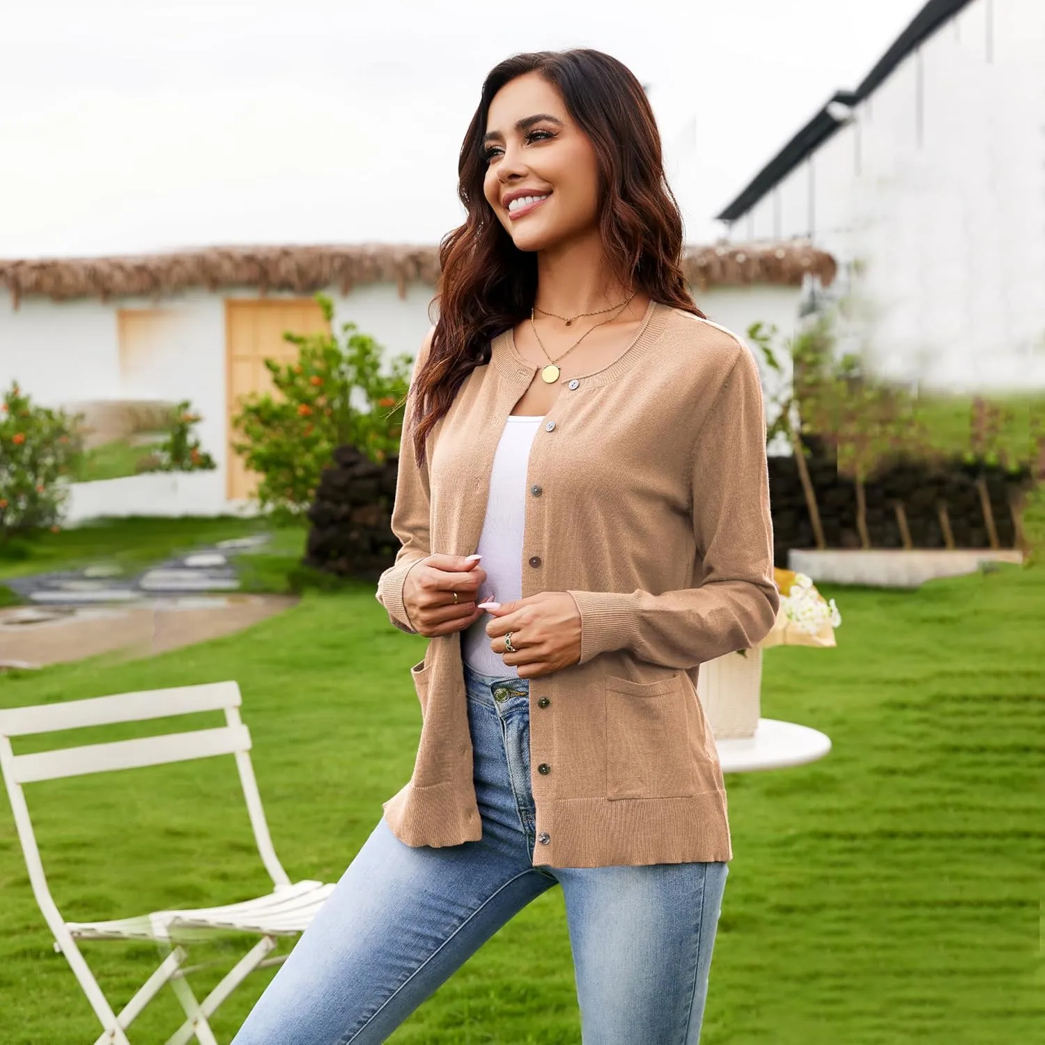 Women's Casual Open Front Button Long Sleeve Knit Pocket Lightweight Cardigan