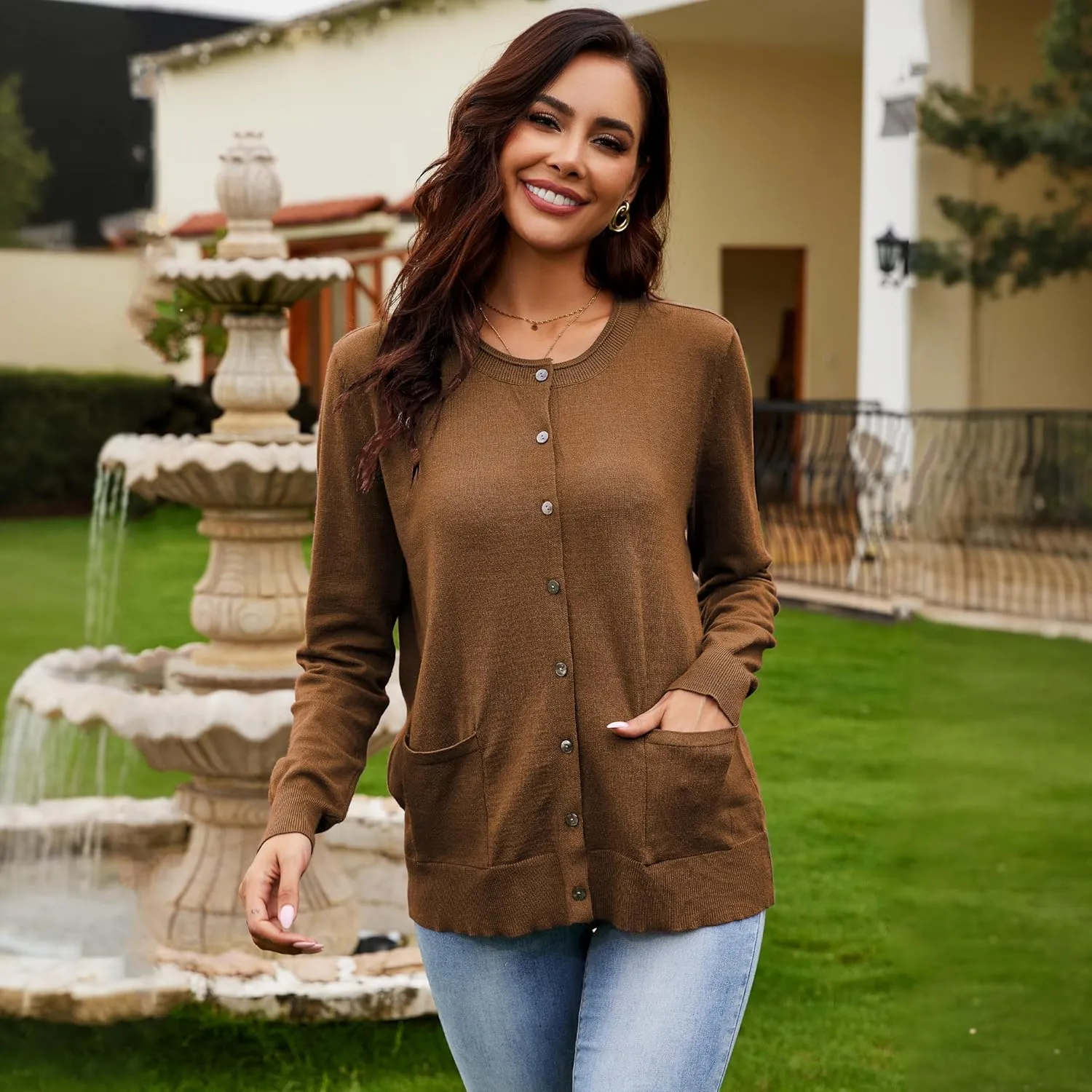 Women's Casual Open Front Button Long Sleeve Knit Pocket Lightweight Cardigan