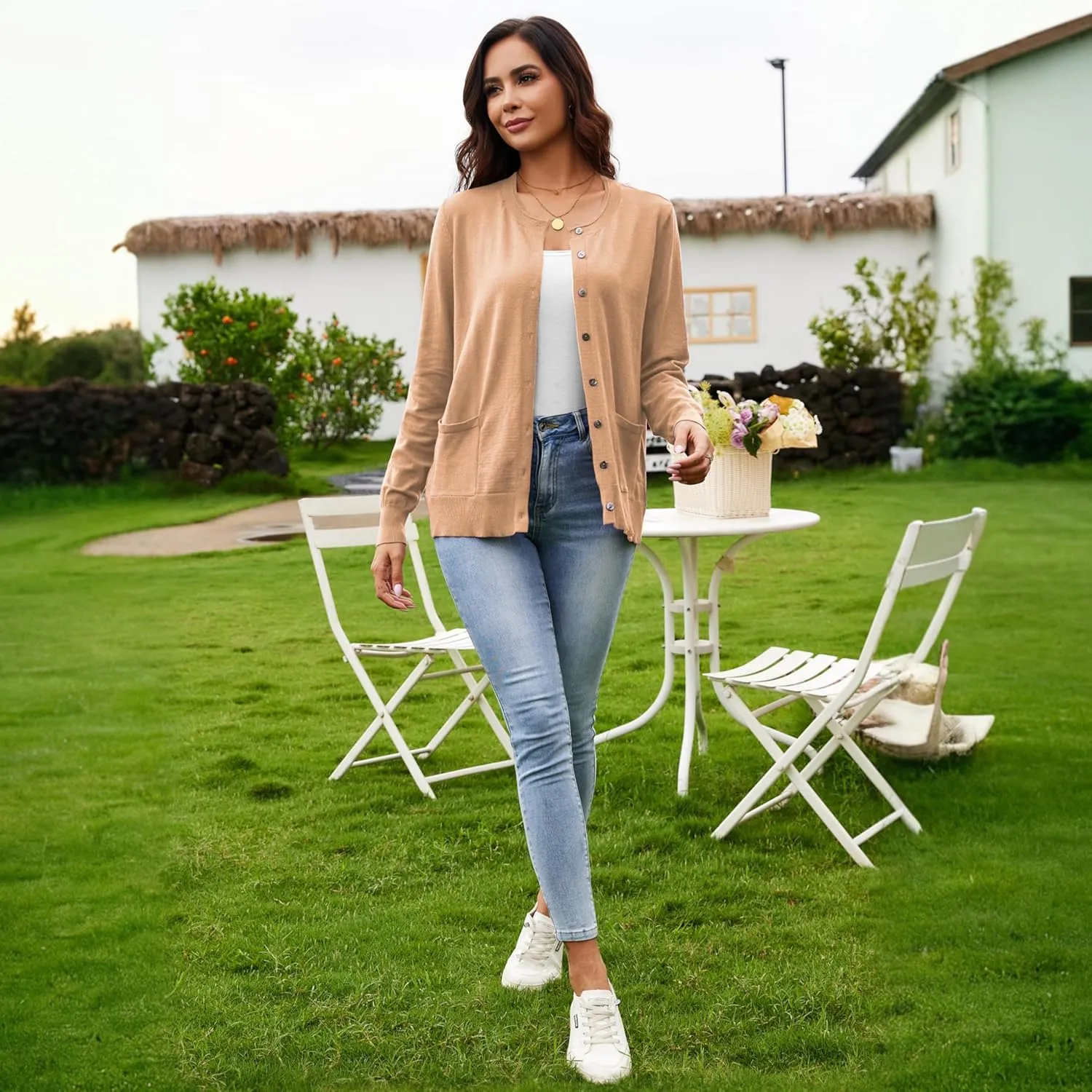 Women's Casual Open Front Button Long Sleeve Knit Pocket Lightweight Cardigan